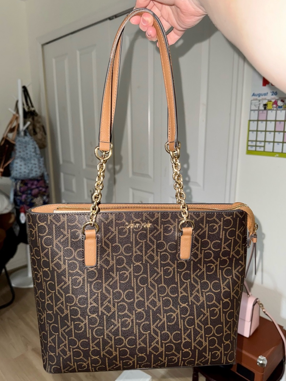 Calvin Klein Brown Monogram Tote with Tan Trim and Gold Chain Handles